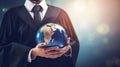 Education in Global world, Graduation cap on Businessman holding Earth globe model map with Radar background in hands. Concept of