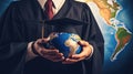 Education in Global world, Graduation cap on Businessman holding Earth globe model map with Radar background in hands. Concept of