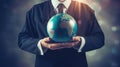 Education in Global world, Graduation cap on Businessman holding Earth globe model map with Radar background in hands. Concept of