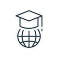 Education in Global World Linear Icon. Graduation Cap and Online Education Line Icon. Graduation Hat on Top of Globe Royalty Free Stock Photo