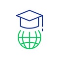 Education in Global World Linear Icon. Graduation Cap and Online Education Line Icon. Graduation Hat on Top of Globe Royalty Free Stock Photo