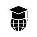 Education in Global World Silhouette Icon. Graduation Cap and Online Education Black Icon. Graduation Hat on Top of Royalty Free Stock Photo