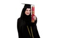 Education, graduation and people concept - muslim woman in hijab with diploma over white background