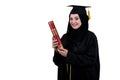 Education, graduation and people concept - muslim woman in hijab with diploma over white background