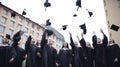 education, graduation and people concept - silhouettes of many happy students in gowns throwing mortarboards in air, generative ai