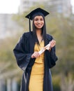 Education, graduation and portrait of woman at college for future, scholarship and achievement. Certificate, university