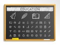 Education hand drawing line icons. chalk sketch sign illustration on blackboard