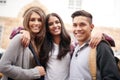 Education, happy and portrait of people at university ready for studying, community and learning together. Diversity Royalty Free Stock Photo