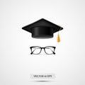 Education hat and eyeglasses. Vector illustration. White background. Graduate cup.