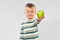 Portrait of smiling boy holding green apple Royalty Free Stock Photo