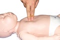 Education healthcare first aid of Cardiopulmonary resuscitation CPR on baby training medical procedure, demonstrating chest Royalty Free Stock Photo