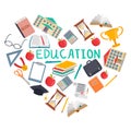 Education heart banner with stationery, books, buildings icons.