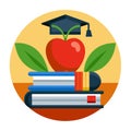 Education Icon with Apple, Graduation Cap, and Books in Flat Design Royalty Free Stock Photo