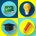 Education icon set on white background. Lightbulb, pencil, graduate hat, slate,