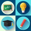 Education icon set on white background. Lightbulb, pencil, graduate hat, slate,