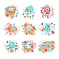 Education icons illustration and learning symbols of schooling and graduation set of school science books learned by