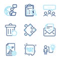 Education icons set. Included icon as Recovery trash, Approved mail, Quick tips signs. Vector