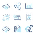 Education icons set. Included icon as Report diagram, Cloud share, Musical note signs. Vector