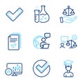 Education icons set. Included icon as Tick, Chemistry flask, Student signs. Vector