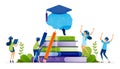 Education illustration of graduating students surround piles of books and brains wearing graduation gowns to legitimize knowledge Royalty Free Stock Photo