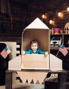Education and kid idea development. Happy independence day of the usa. Small boy play in paper rocket, childhood. Dream Royalty Free Stock Photo