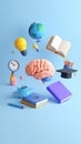 Education And Knowledge Concept With Floating Brain, Books, Globe, Lightbulb And Graduation Cap Royalty Free Stock Photo