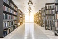 Education and knowledge concept with front view on sunny modern library interior with lots of book shelves, stylish lamps on top, Royalty Free Stock Photo