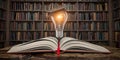 Education, knowledge and innovation concept background. Light bulb with mortar board on open book in vintage library Royalty Free Stock Photo