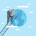 Education and knowledge, way to top of world. Self-education, personal growth. Successful businessman on ladder with Royalty Free Stock Photo