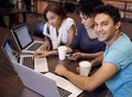 Education, laptop and portrait of students in university for research, studying and online learning in library. Internet Royalty Free Stock Photo