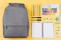 Education, learning, back to school background. Knolling composition with backpack and different school stationery