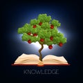 Education, learning concept with and apple tree growing from open book and text knowledge on dark blue background. Royalty Free Stock Photo