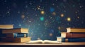 Education learning concept opening book or textbook in old library with starry night. Generative Ai Royalty Free Stock Photo