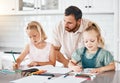 Education, learning and homework with a little girl, her sister and her dad drawing, writing or coloring in the kitchen