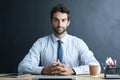 Education, learning and portrait of man teacher in classroom with tablet and pride on blackboard background. High school Royalty Free Stock Photo