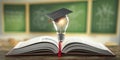 Education, learning on school and university or idea concept. Open book with light bulb and graduation cap on classroom blackboard