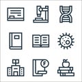 education line icons. linear set. quality vector line set such as book, failed, library, biology, open book, book, dna, microscope