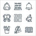 education line icons. linear set. quality vector line set such as book, stationery, pencil holder, microscope, calculator, school