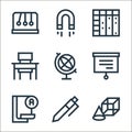 education line icons. linear set. quality vector line set such as geometry, pen, pass test, projection, geography, school desk,