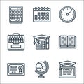 Education line icons. linear set. quality vector line set such as online learning, globe, certificate, book, charge, pencil Royalty Free Stock Photo
