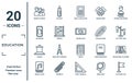 education linear icon set. includes thin line group of people, cellphone, podium, musical note, location flag, online class,