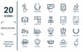 education linear icon set. includes thin line soccer, love, pencil case, graduate, bell, owl, laurel wreath icons for report,