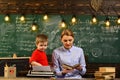 Education and literacy concept - high school teachers give lectures in the classroom, Portrait of diligent schoolkid and