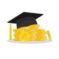Education loan. Graduation hat and stack of coins