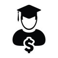 Education loan icon vector male person profile avatar with dollar symbol for graduation in flat color glyph pictogram Royalty Free Stock Photo