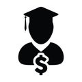 Education loan icon vector male person profile avatar with dollar symbol for graduation in flat color glyph pictogram Royalty Free Stock Photo