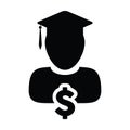 Education loan icon vector male person profile avatar with dollar symbol for graduation in flat color glyph pictogram Royalty Free Stock Photo