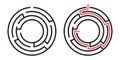 Education logic game circle labyrinth for kids. Find right way. Isolated simple round maze black line on white background.