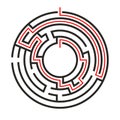 Education logic game circle labyrinth for kids. Find right way. Isolated simple round maze black line on white Royalty Free Stock Photo