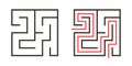 Education logic game labyrinth for kids. Find right way. Isolated simple square maze black line on white background.